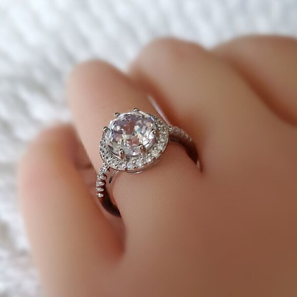 Fancy Cut Round Diamond Simulant, CZ Rhodium Over Sterling Silver Ring - Picture 3 of 3